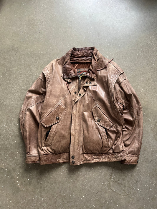 Vintage Coffee Tan Leather Bomber Jacket - XL