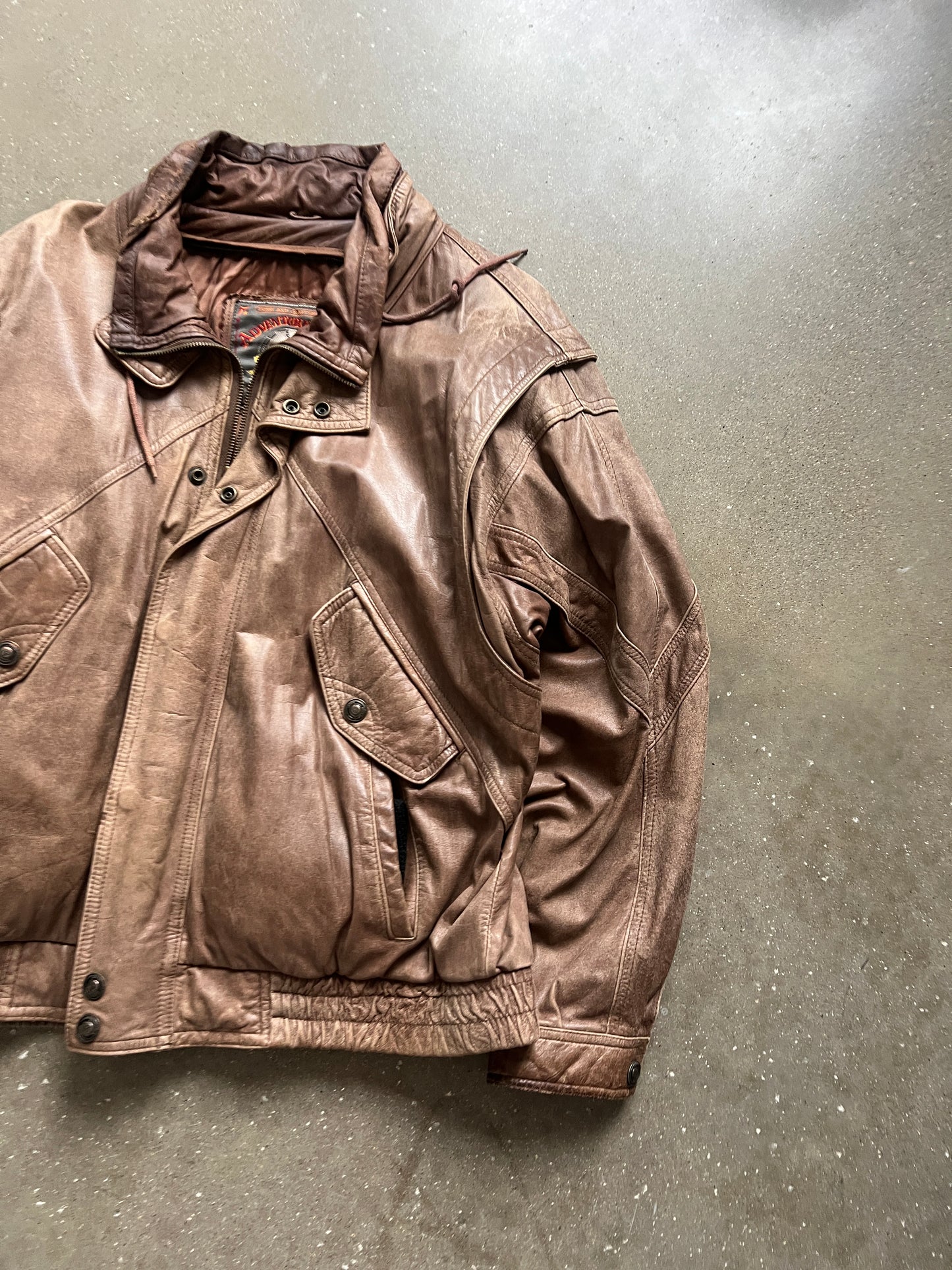 Vintage Coffee Tan Leather Bomber Jacket - XL