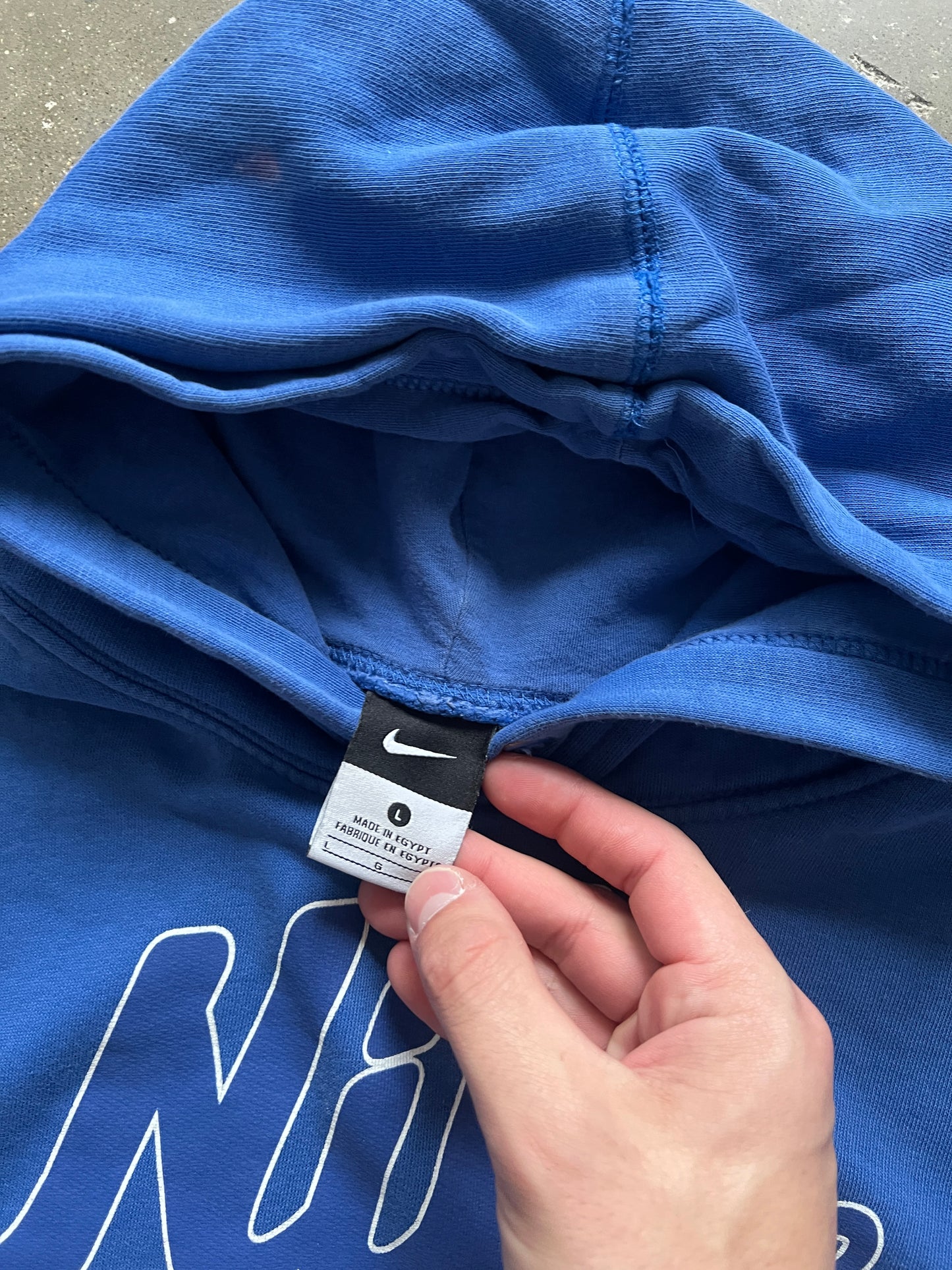 Vintage Blue Nike Spellout Hoodie - L