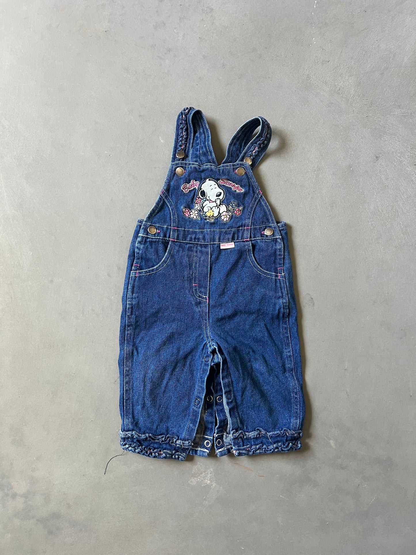 Vintage Denim Snoopy Embroidered Overalls - 6/9M