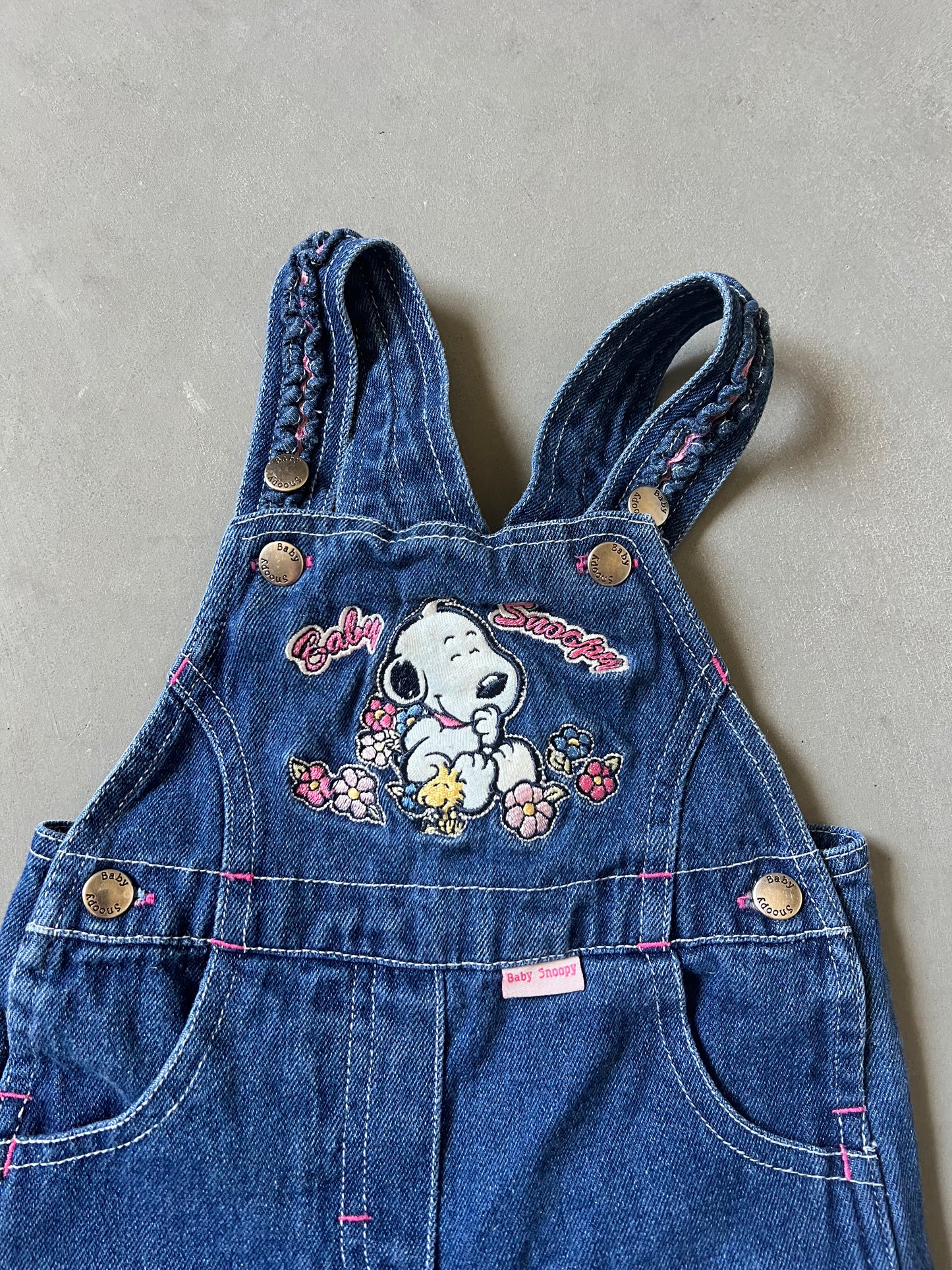 Vintage Denim Snoopy Embroidered Overalls - 6/9M
