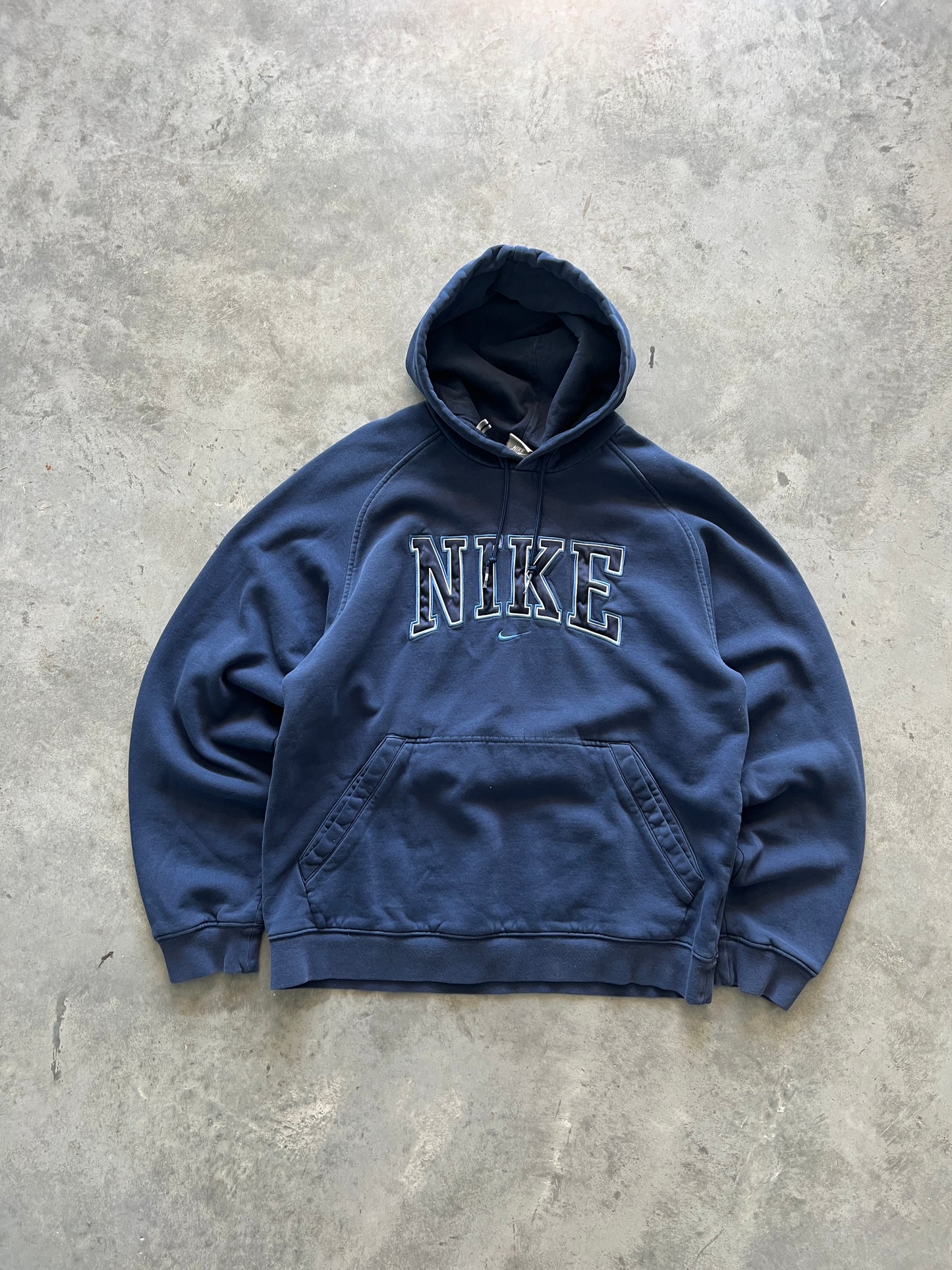 Vintage Navy Blue Nike Spellout Hoodie - M