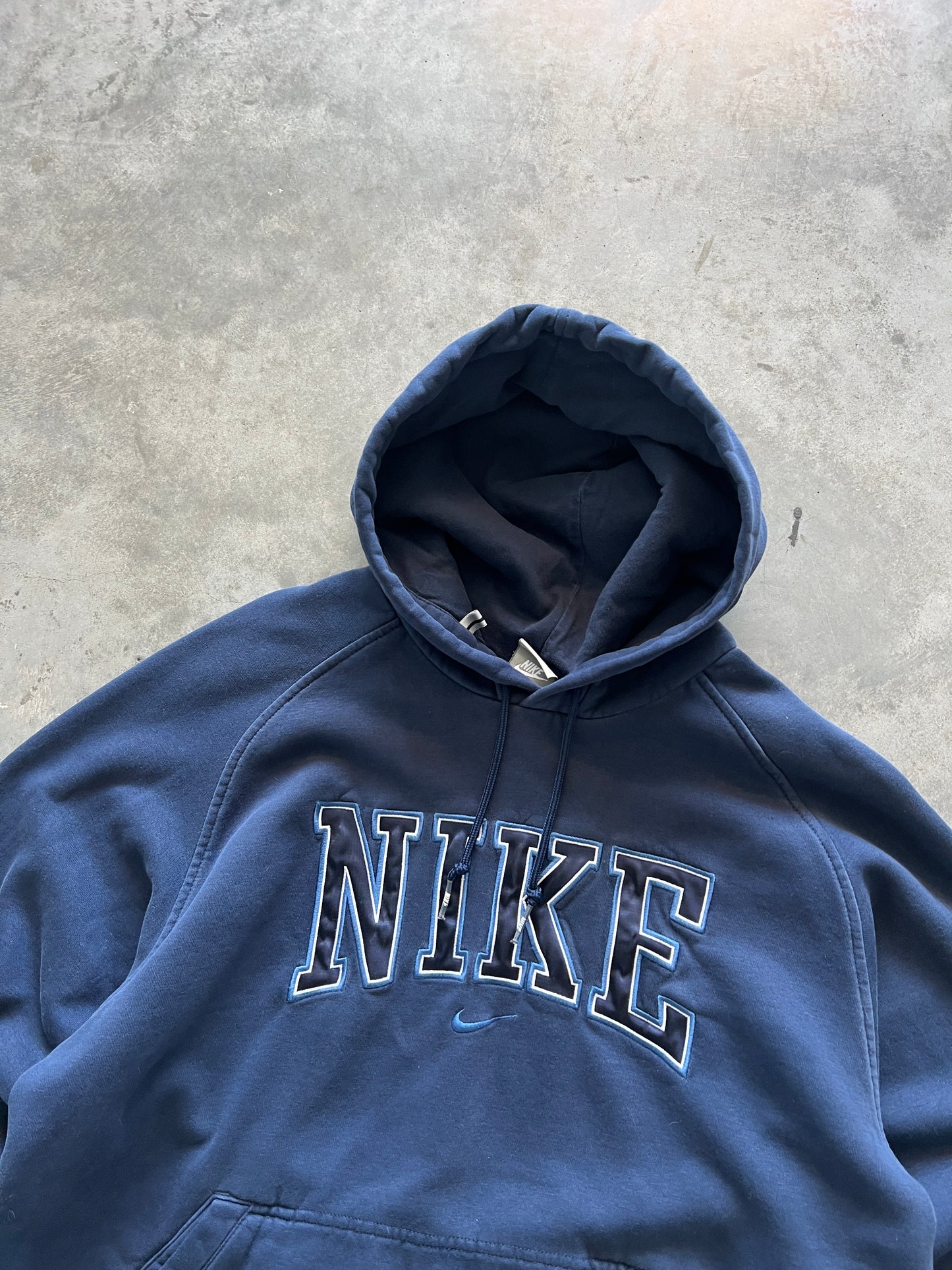Vintage Navy Blue Nike Spellout Hoodie - M