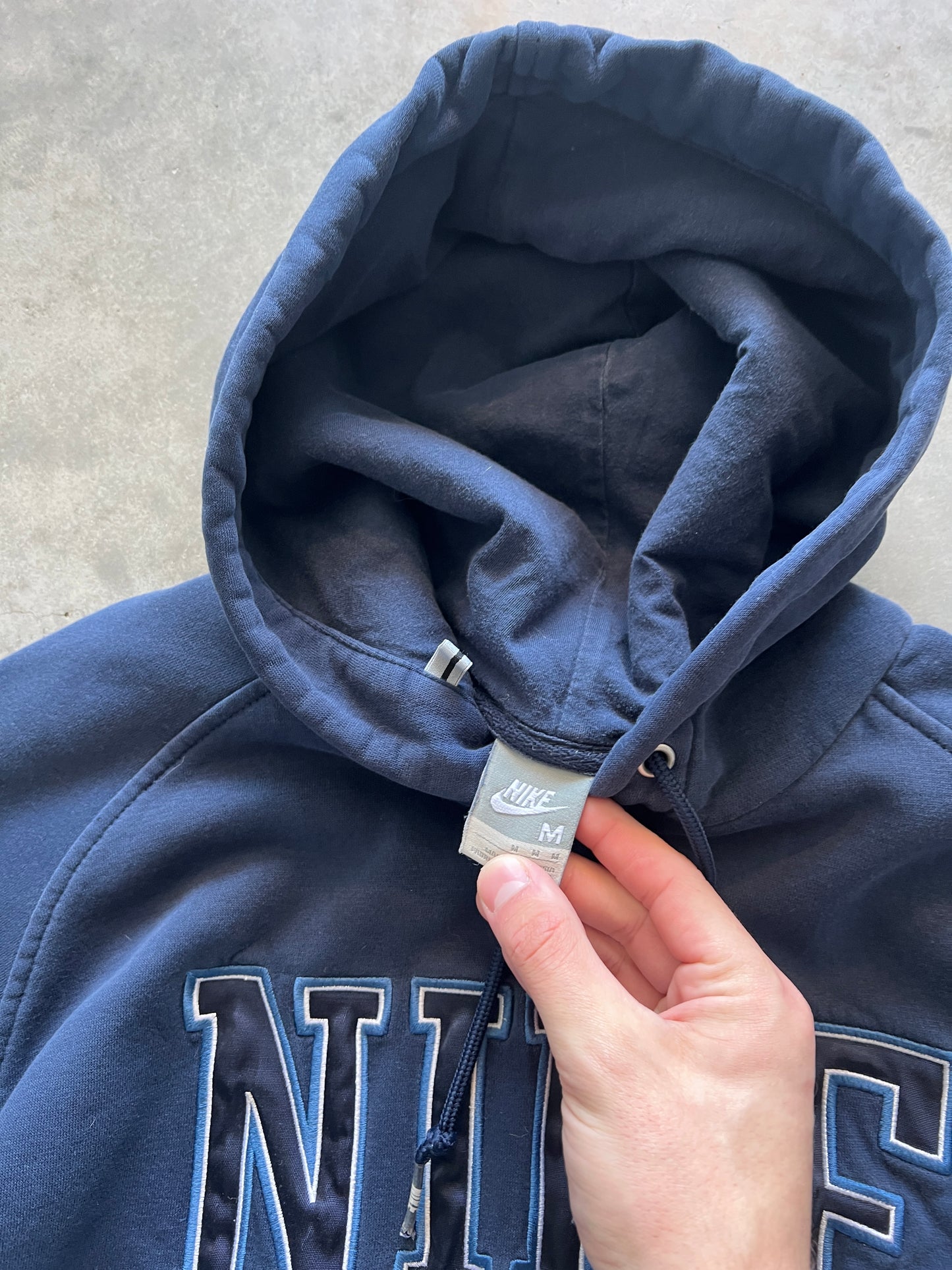 Vintage Navy Blue Nike Spellout Hoodie - M