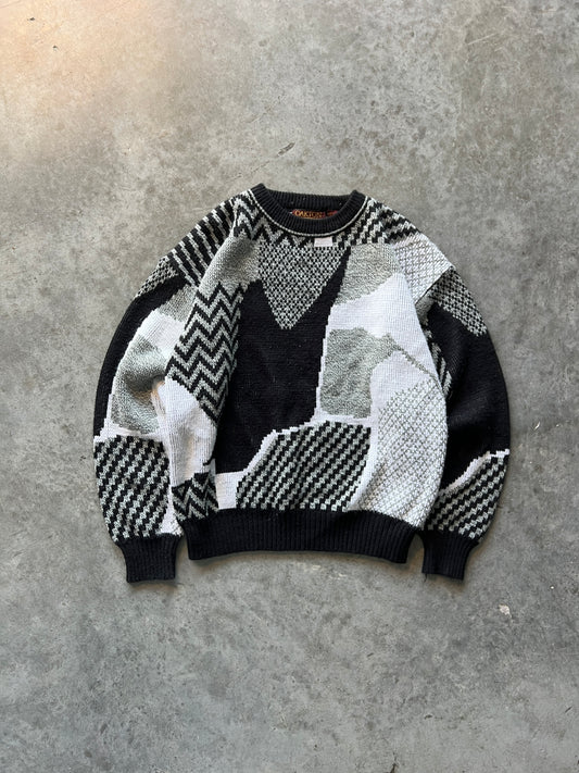 Vintage Black and White Patterned Sweater - M