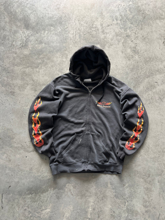 Vintage Faded Black Harley Davidson Flames Hoodie - L