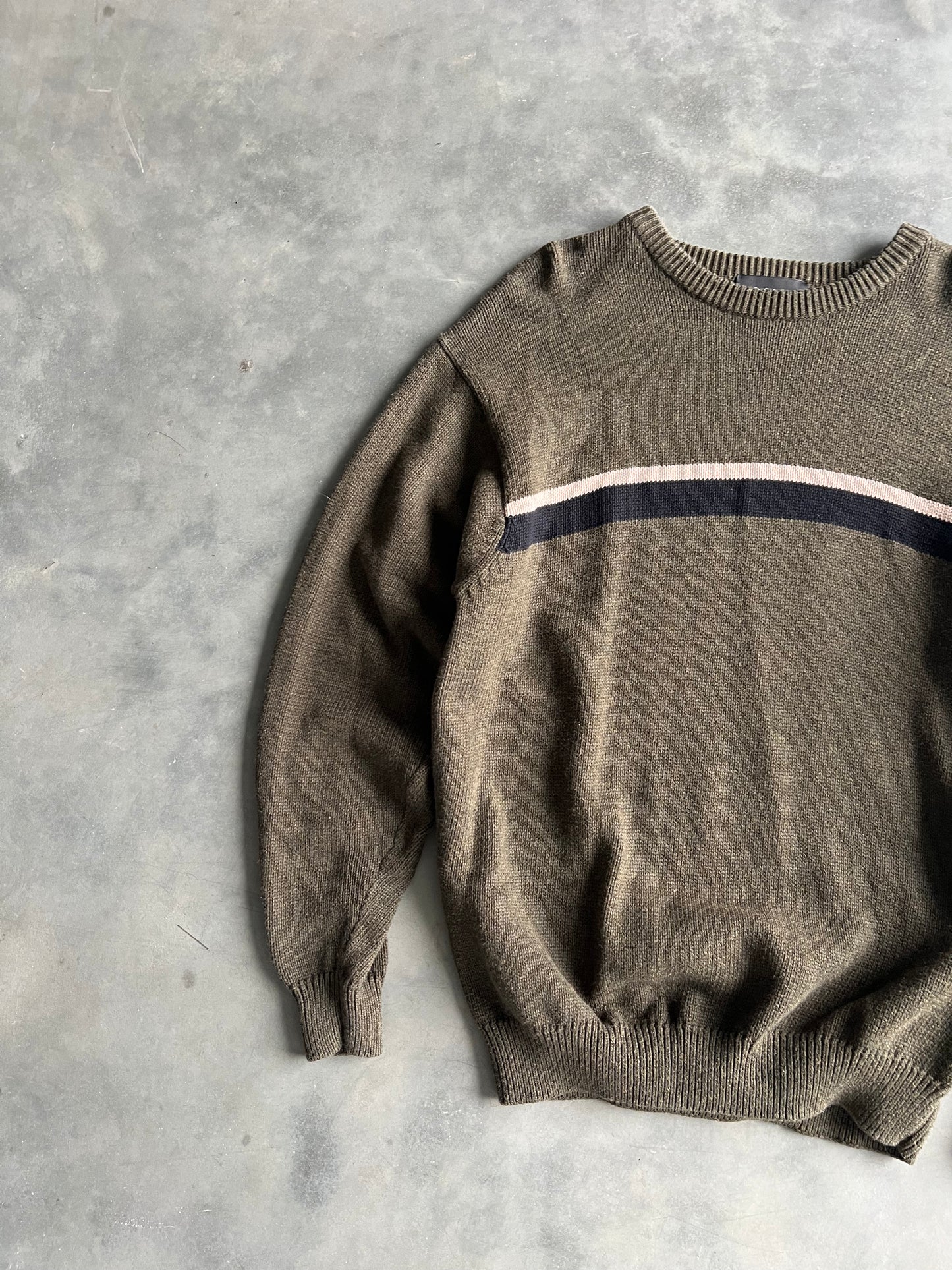 Vintage Dark Green Stripped Knit Sweater - XLT