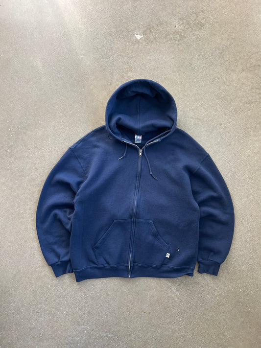 Vintage Navy Blue Russell Zip Up Hoodie - L