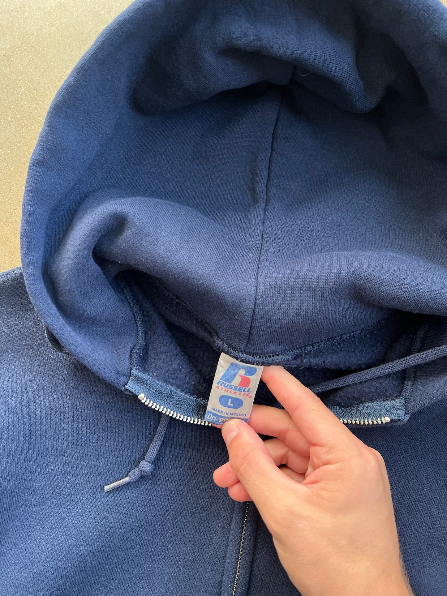 Vintage Navy Blue Russell Zip Up Hoodie - L