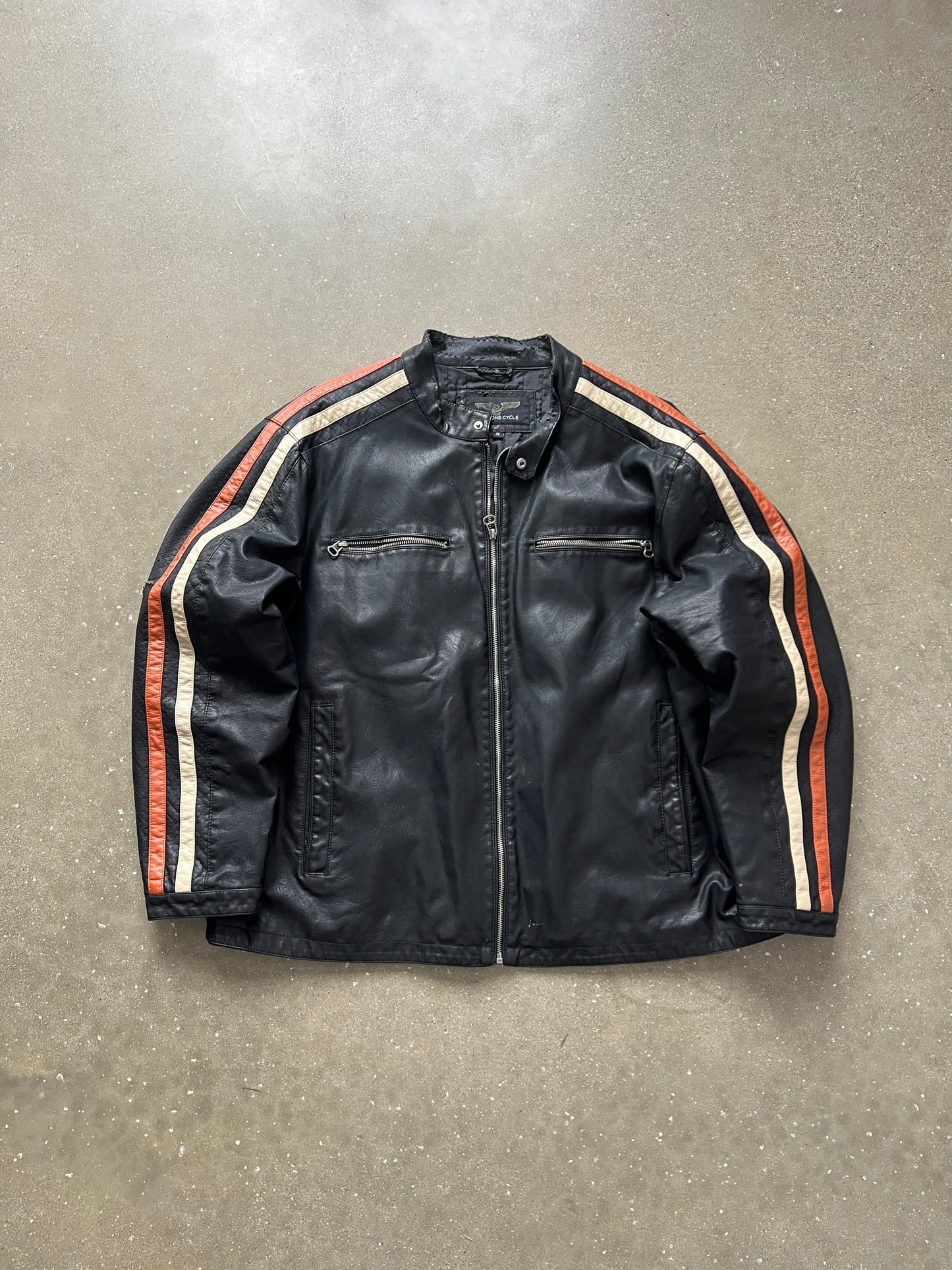 Vintage Black Stripped Moto Leather Jacket - 2XL