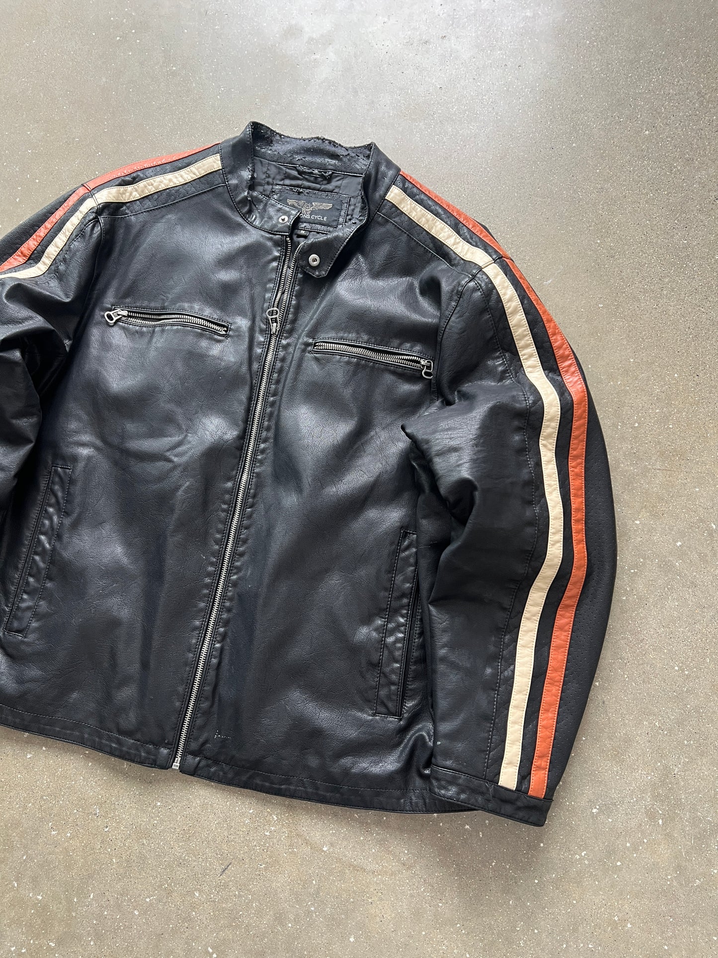 Vintage Black Stripped Moto Leather Jacket - 2XL