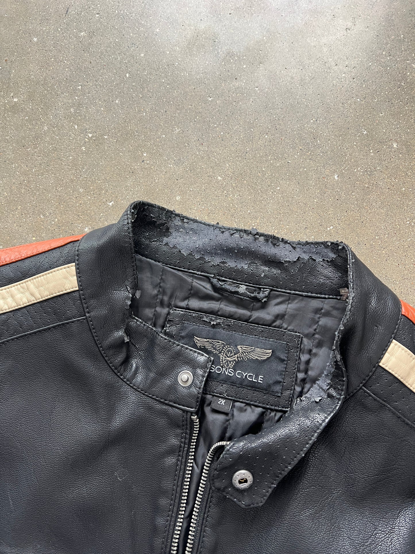 Vintage Black Stripped Moto Leather Jacket - 2XL