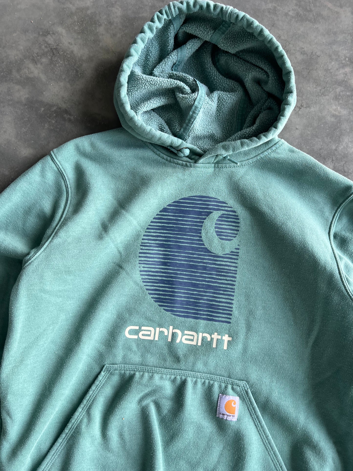 Vintage Teal Blue Carhartt Spellout Hoodie - M