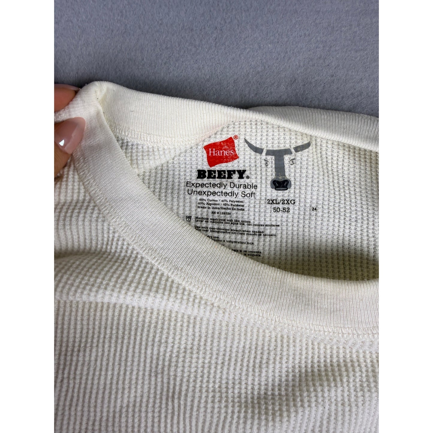 Hanes Beefy Tee Mens 2XL White Thermal Waffle Knit Long Sleeve Shirt Base Layer