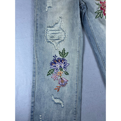Womens Wide Leg Floral Embroidered Beaded Distressed Jeans - 30