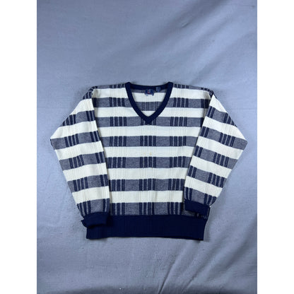 Vintage PGA Tour Sweater Mens L Navy Blue White V Neck Striped Golf Sports