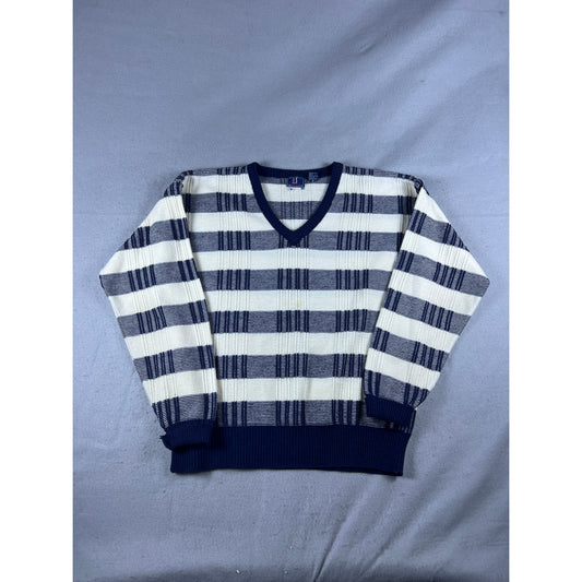 Vintage PGA Tour Sweater Mens L Navy Blue White V Neck Striped Golf Sports
