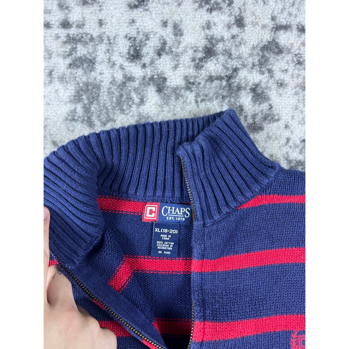 Chaps Sweater Youth 18/20 Blue Red Mock Neck Striped Knit Ribbed Preppy Pullover