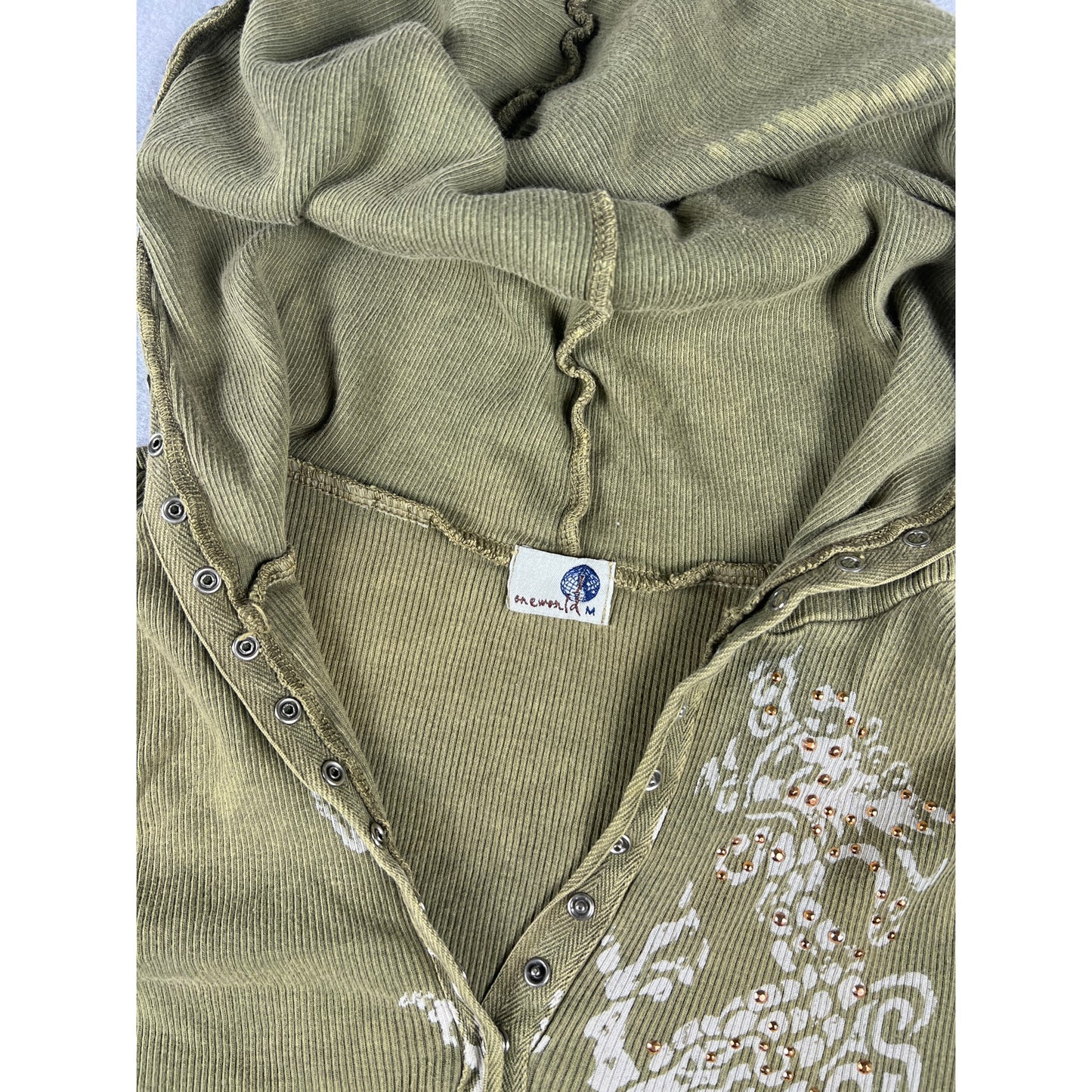 OneWorld Green Y2K Ribbed Embroidered Hooded Top - M