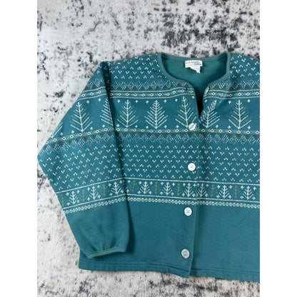 Vintage Teal Blue Tree Button Up Crewneck - M