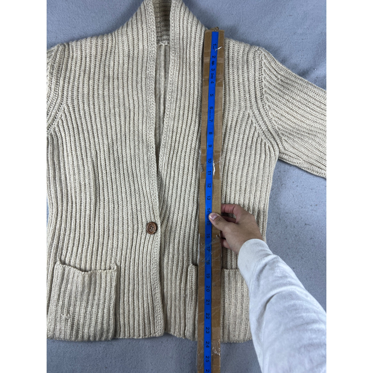 Vintage Cardigan Mens S Cream Shawl Collar Single Button Chunky Knit Ribbed