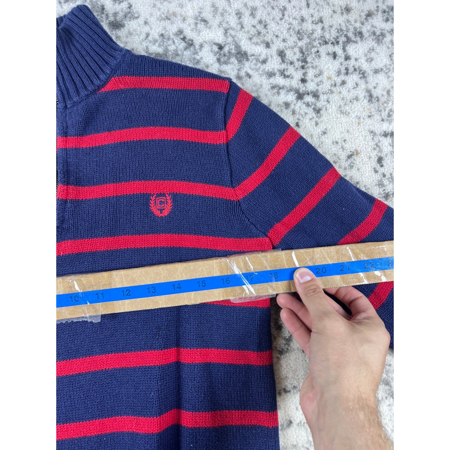 Chaps Sweater Youth 18/20 Blue Red Mock Neck Striped Knit Ribbed Preppy Pullover