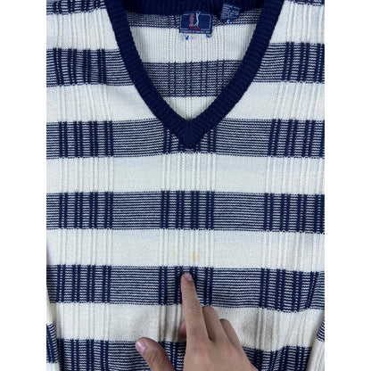 Vintage PGA Tour Sweater Mens L Navy Blue White V Neck Striped Golf Sports