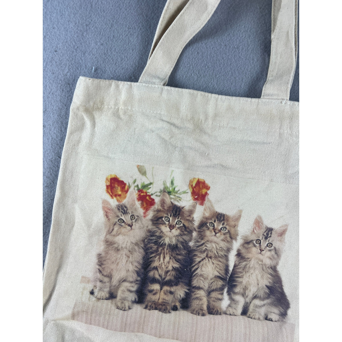 Vintage Four Kittens & Flowers Canvas Tote Bag