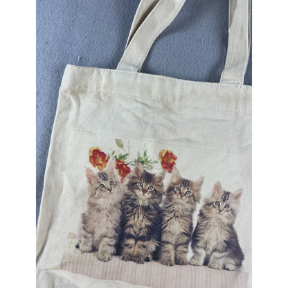 Vintage Four Kittens & Flowers Canvas Tote Bag