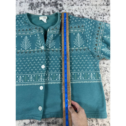 Vintage Teal Blue Tree Button Up Crewneck - M