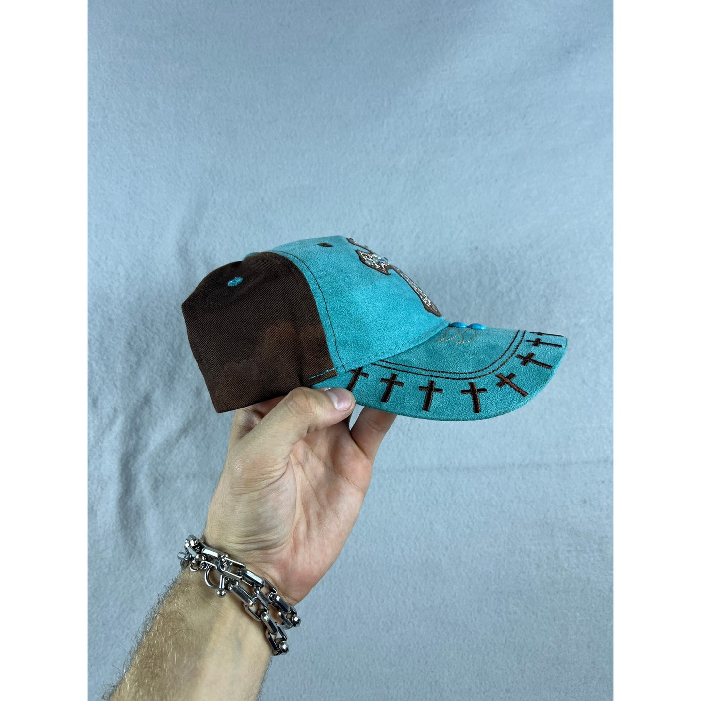 Y2k Embezzled Teal Blue Cross Hat
